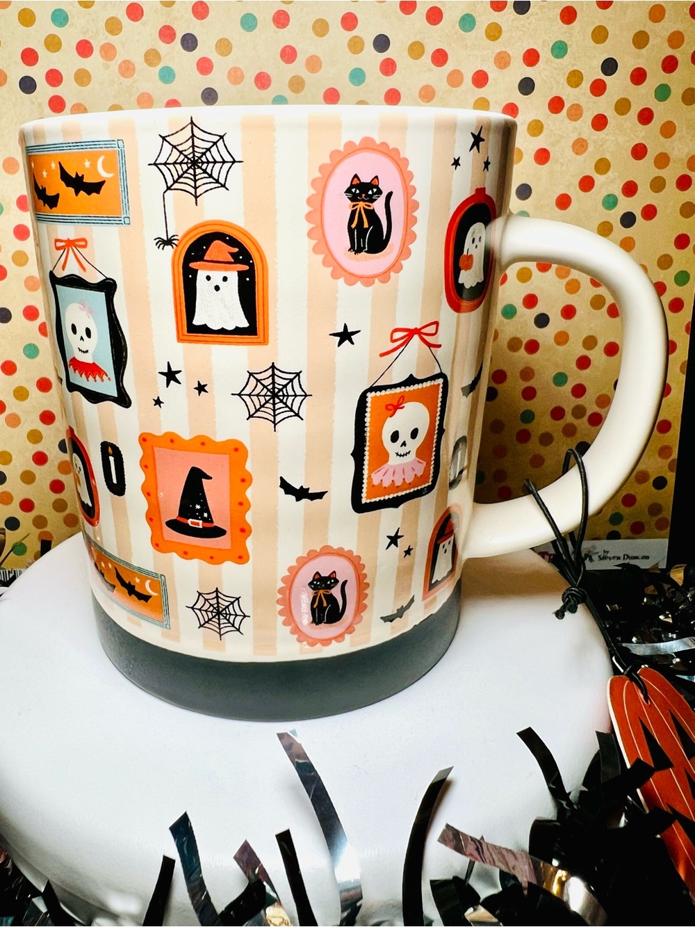 Halloween Ceramic Mug Framed Black Cat Witch Hat Skull Bats Ghost Spiderwebs
